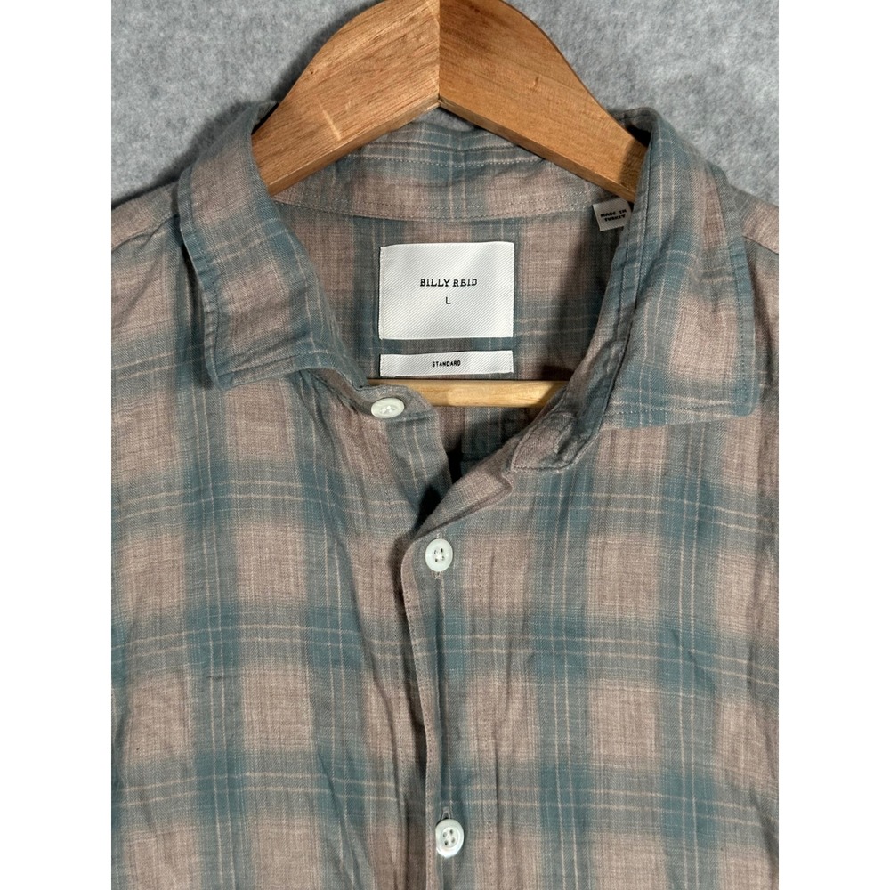 Billy Reid Button Down Shirt Mens Large Brown Blue Plaid Standard Fit Cotton